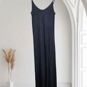 Loveappella Navy and White Polkadot Sleeveless Maxi Dress, Size Large